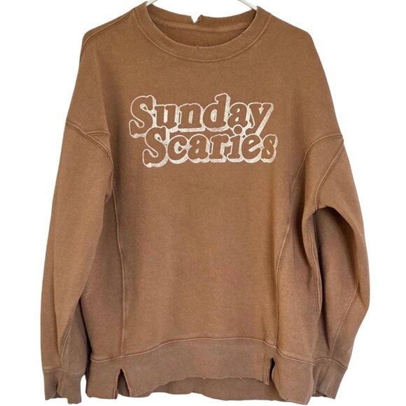 Aerie SUNDAY SCARIES Oversized Distressed Crewneck Sweatshirt Womens S Tan Cozy - Picture 1 of 10